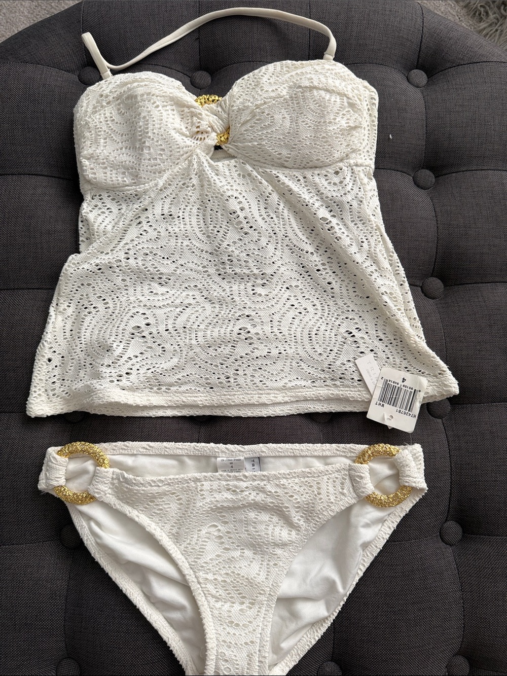 Trina Turk White Crochet Tankini Set with Gold Rings